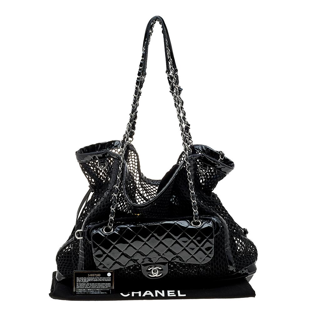 Women's Chanel Black Quilted Patent Leather And Mesh La Madrague Tote