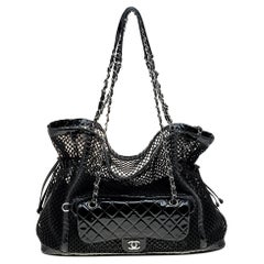 Chanel Black Quilted Patent Leather And Mesh La Madrague Tote