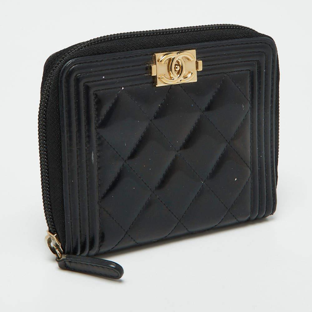 Chanel Black Quilted Patent Leather Boy Zip Around Wallet 2