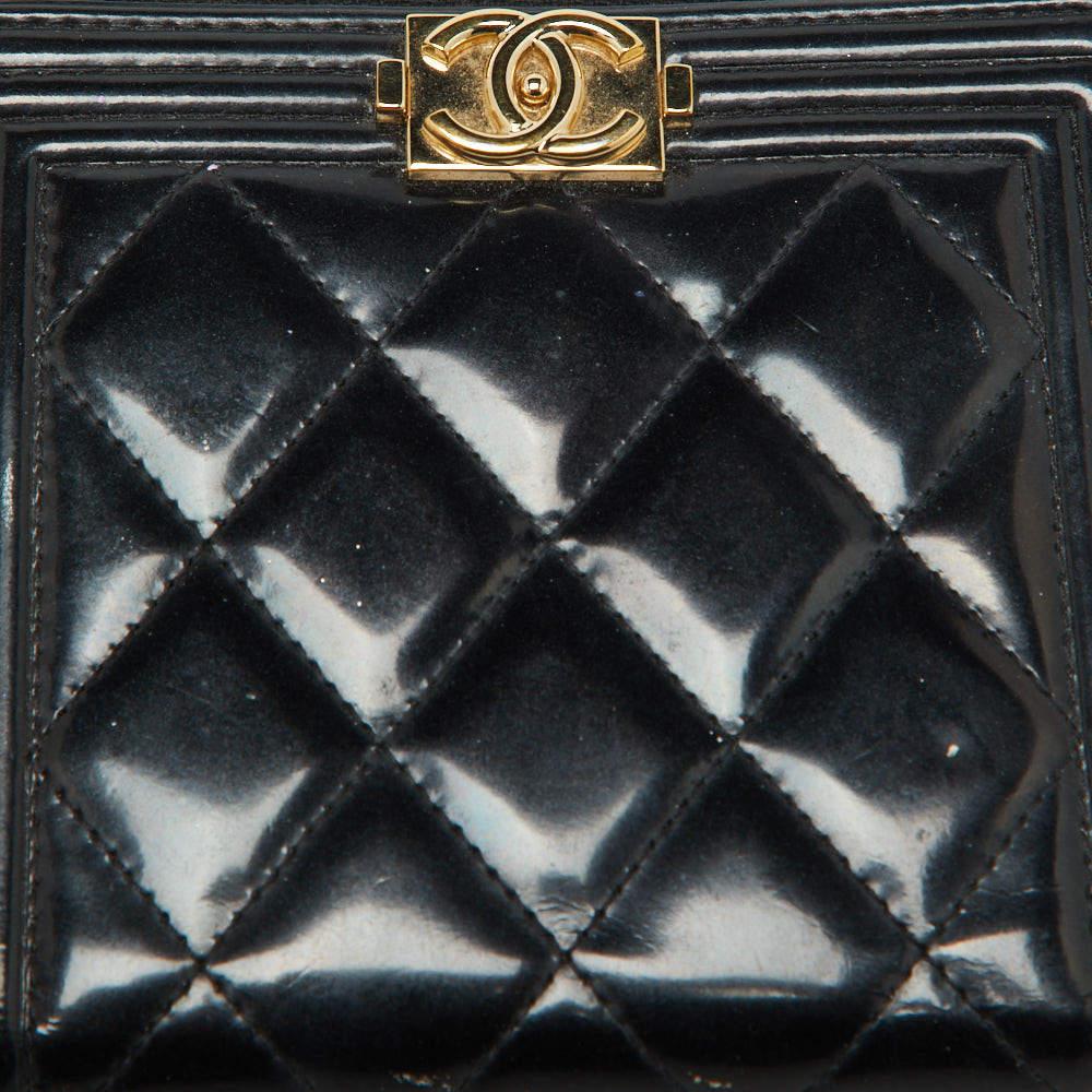 Chanel Black Quilted Patent Leather Boy Zip Around Wallet 4