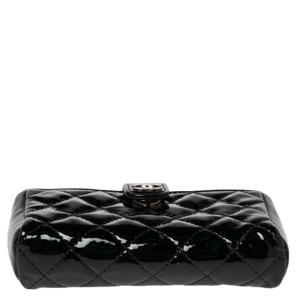 Women's Chanel Black Quilted Patent Leather CC Phone Holder Pouch