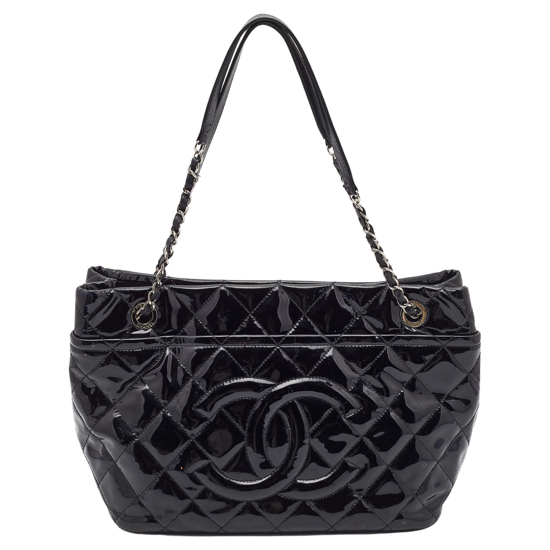 Chanel Black Quilted Patent Leather CC Timeless Tote For Sale
