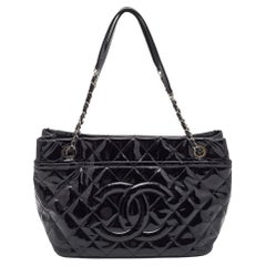 Used Chanel Black Quilted Patent Leather CC Timeless Tote