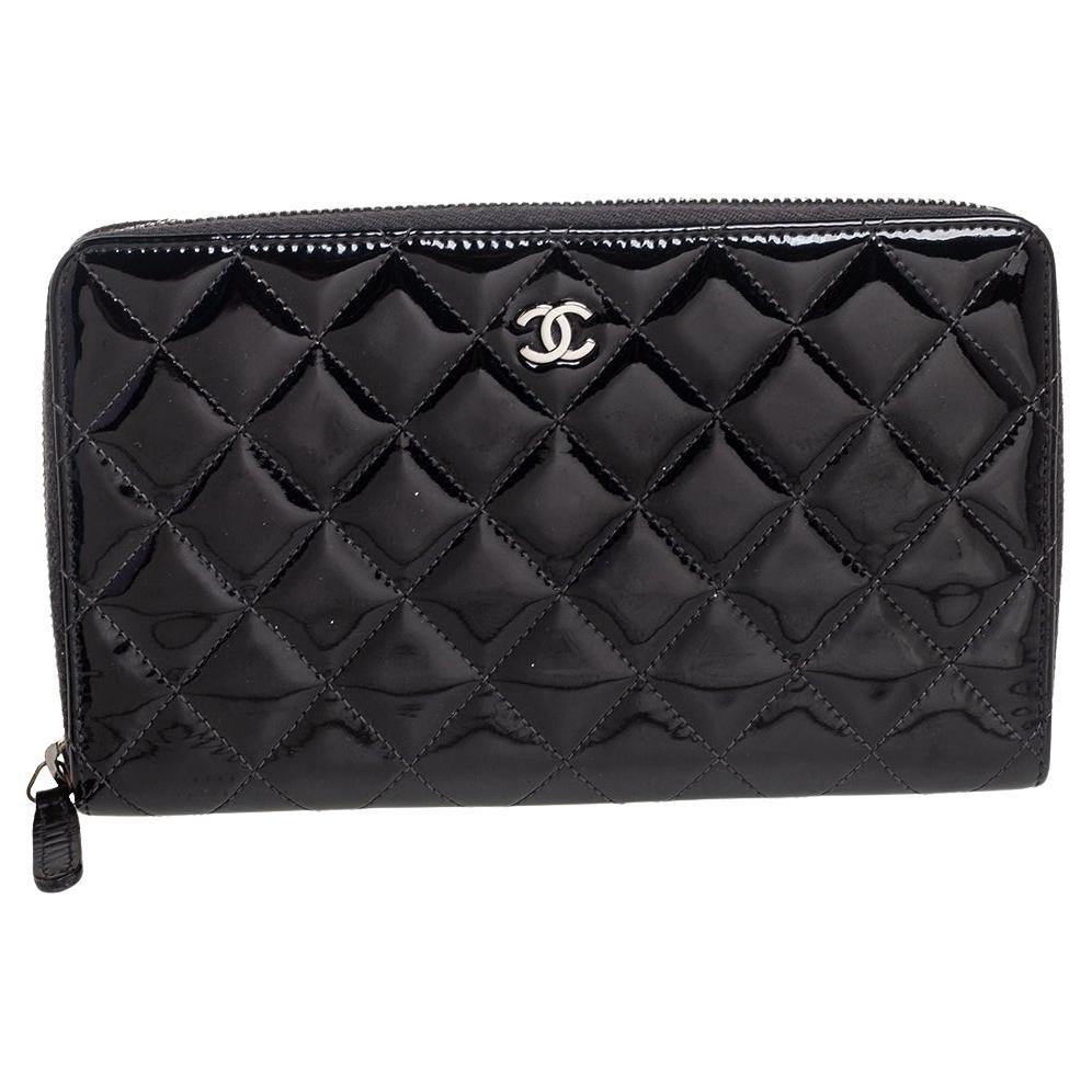 Chanel Black Quilted Patent Leather CC Zip Around Organizer Wallet