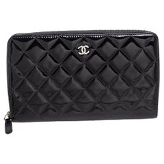 Chanel Black Quilted Patent Leather CC Zip Around Organizer Wallet