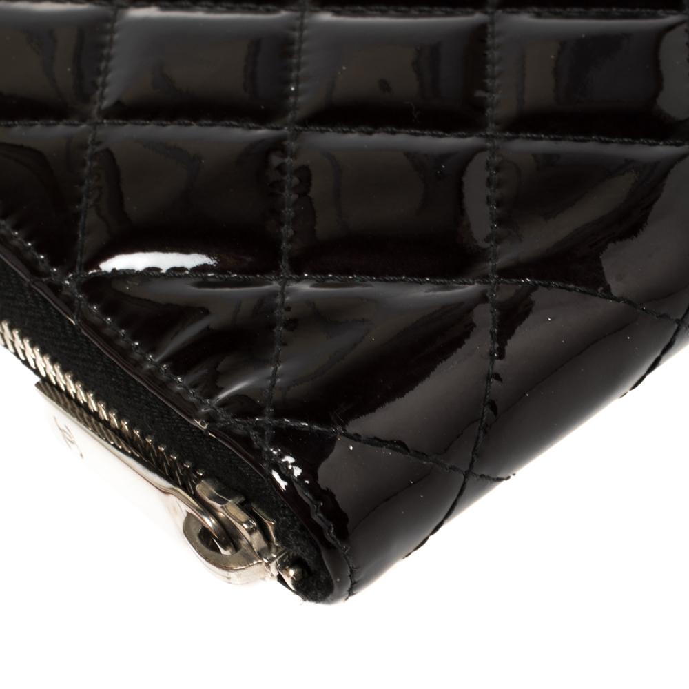 Chanel Black Quilted Patent Leather CC Zip Around Wallet Organizer 3