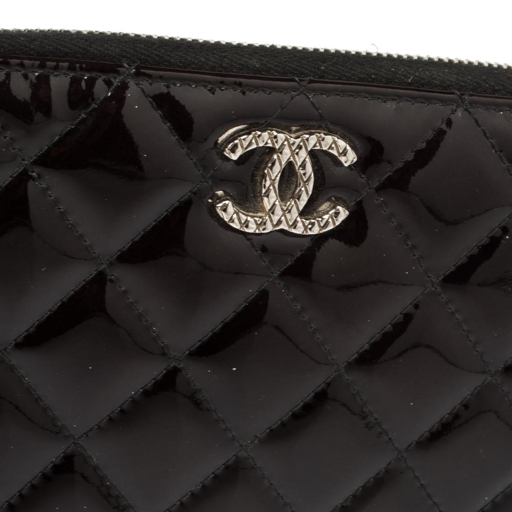 Chanel Black Quilted Patent Leather CC Zip Around Wallet Organizer 5