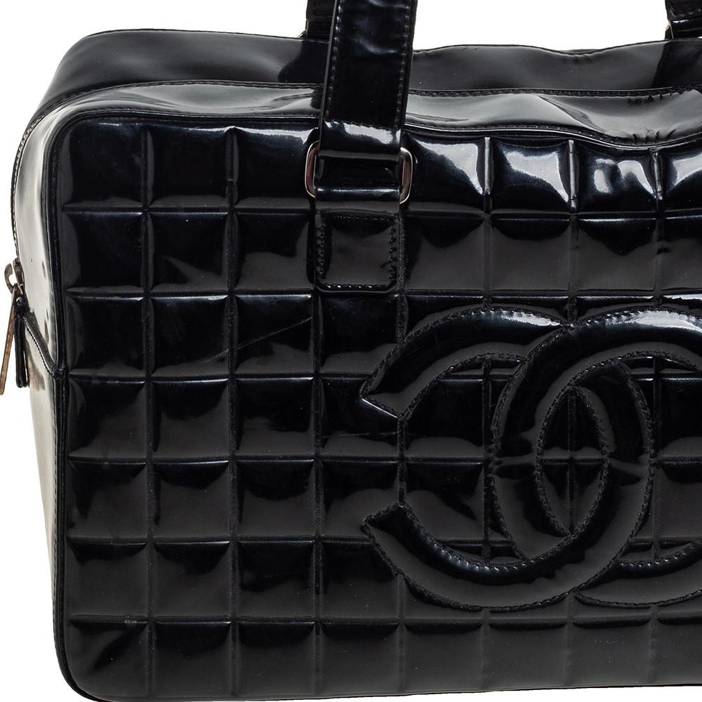 Chanel Black Quilted Patent Leather Chocolate Bar Bowler Bag 3