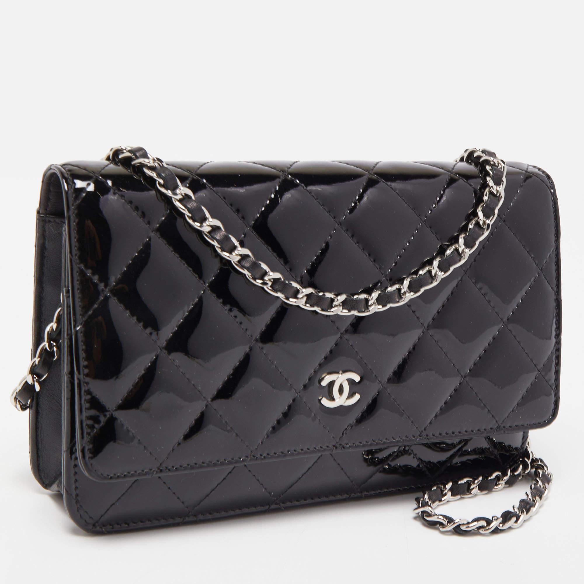 Women's Chanel Black Quilted Patent Leather Classic Wallet on Chain