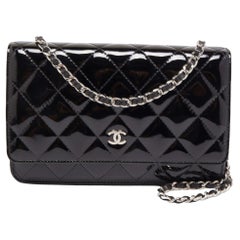 Chanel Black Quilted Patent Leather Classic Wallet on Chain