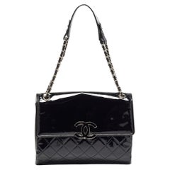 Chanel Black Quilted Patent Leather Double Compartment Flap Bag