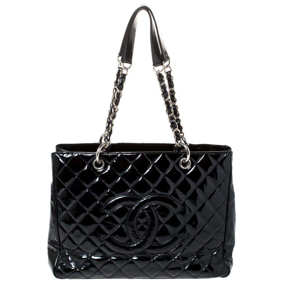 Chanel Black Quilted Patent Leather Grand Shopping Tote at 1stDibs