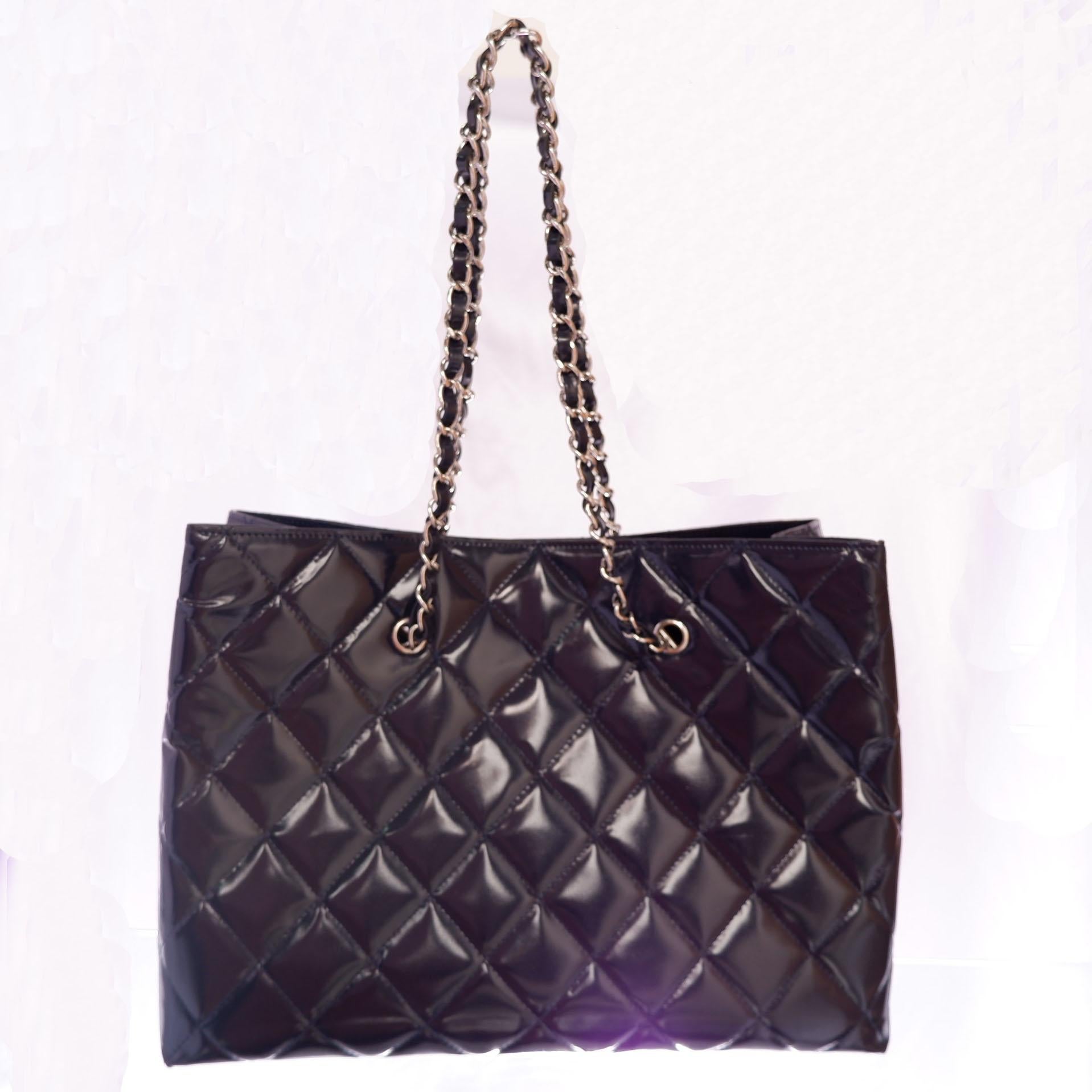 chanel large patent leather quilted tote