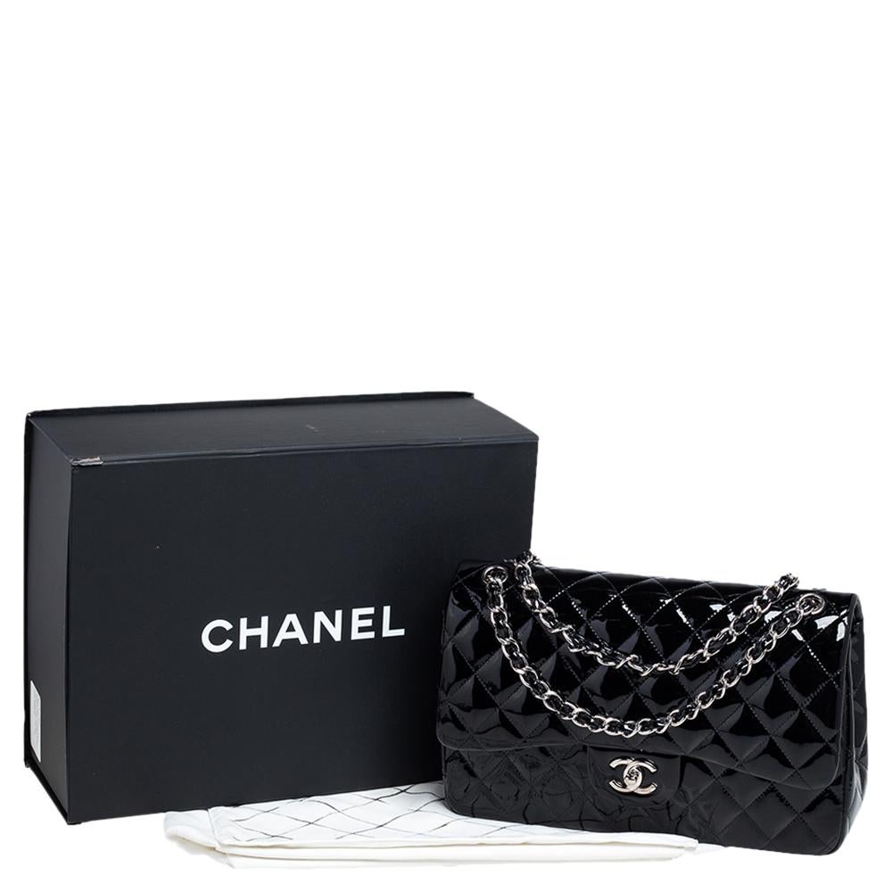Chanel Black Quilted Patent Leather Jumbo Classic Double Flap Bag 7