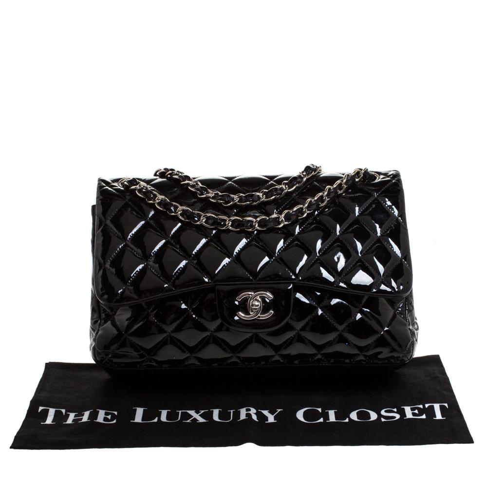 Chanel Black Quilted Patent Leather Jumbo Classic Double Flap Bag 8