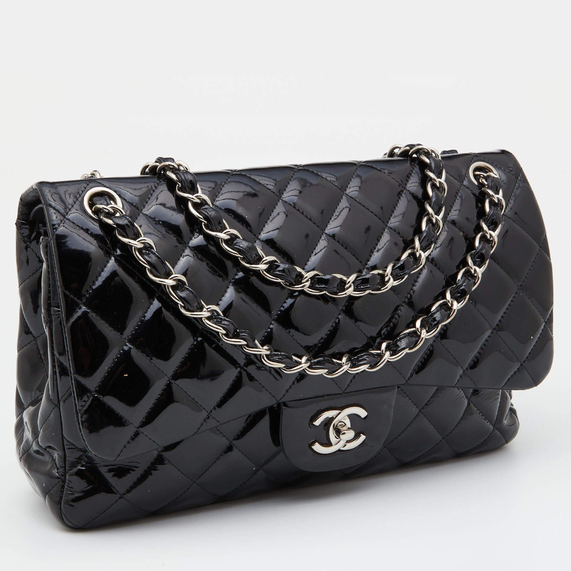 Chanel Black Quilted Patent Leather Jumbo Classic Double Flap Bag For ...