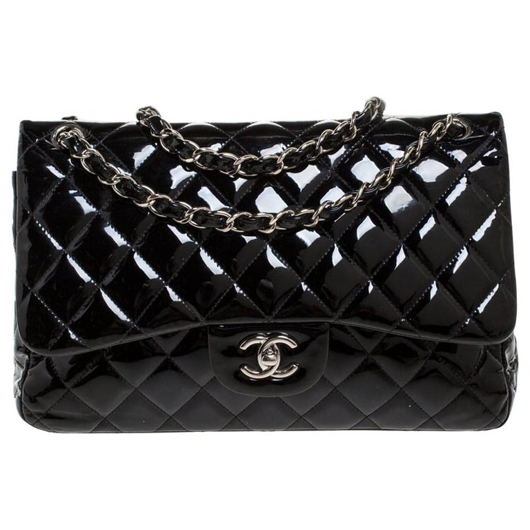 Chanel Black Quilted Patent Leather Jumbo Classic Double Flap Bag at ...