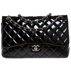 Chanel Black Quilted Patent Leather Jumbo Classic Double Flap Bag