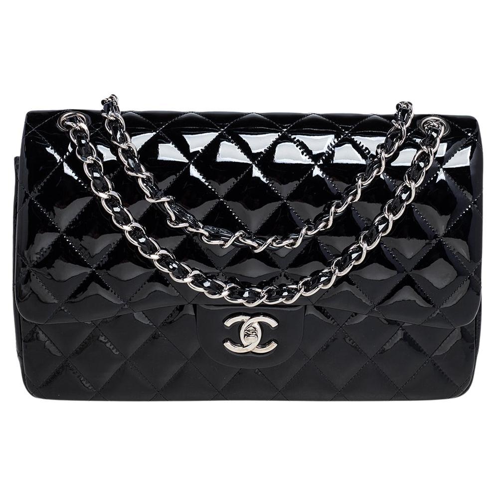 Chanel Black Quilted Patent Leather Jumbo Classic Double Flap Bag