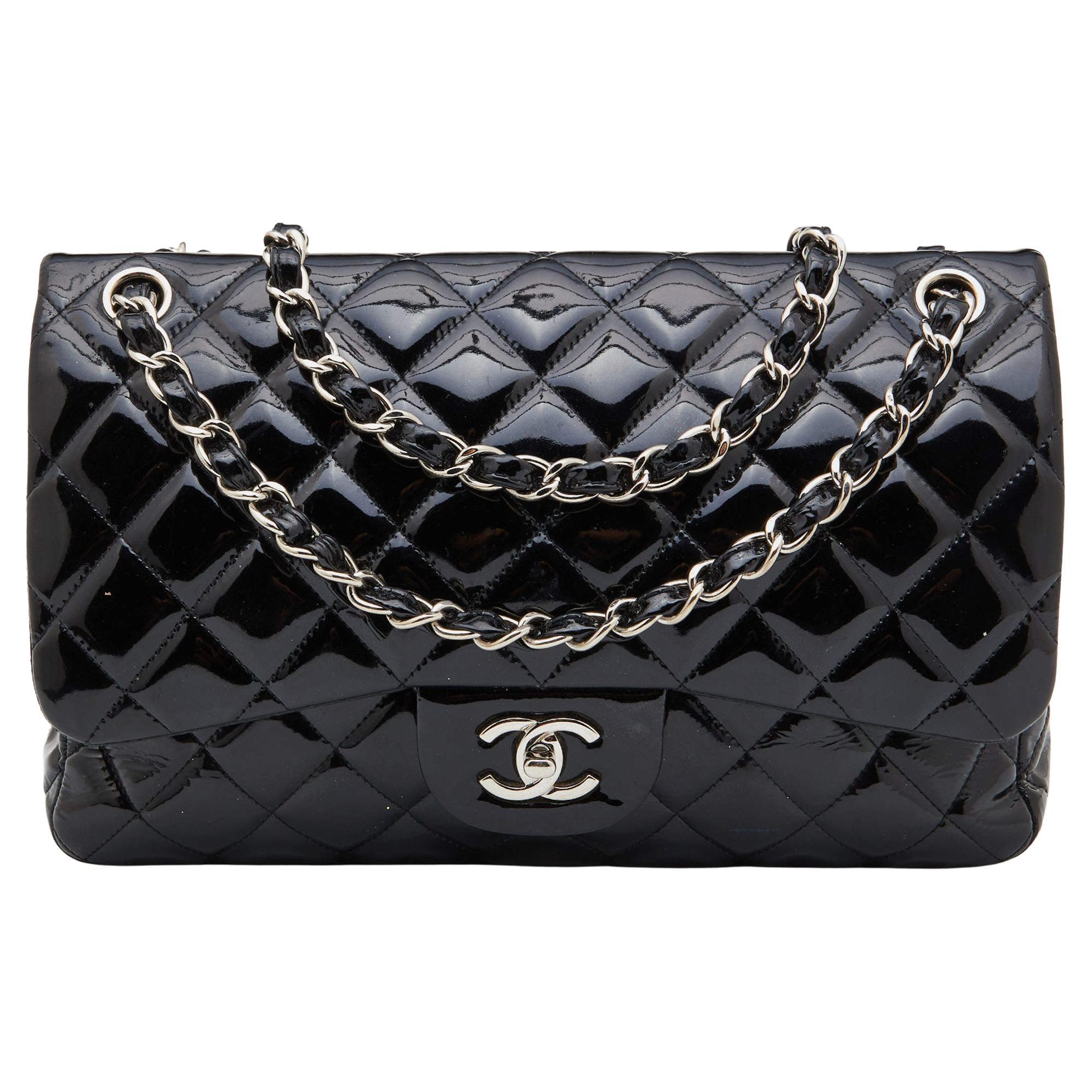 Chanel Black Quilted Patent Leather Jumbo Classic Double Flap Bag For Sale