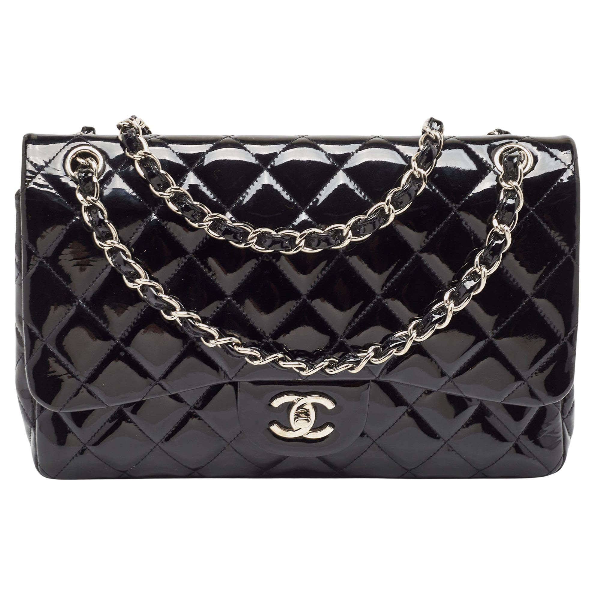 Chanel Black Quilted Patent Leather Jumbo Classic Double Flap Bag For Sale