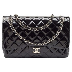 Retro Chanel Black Quilted Patent Leather Jumbo Classic Double Flap Bag