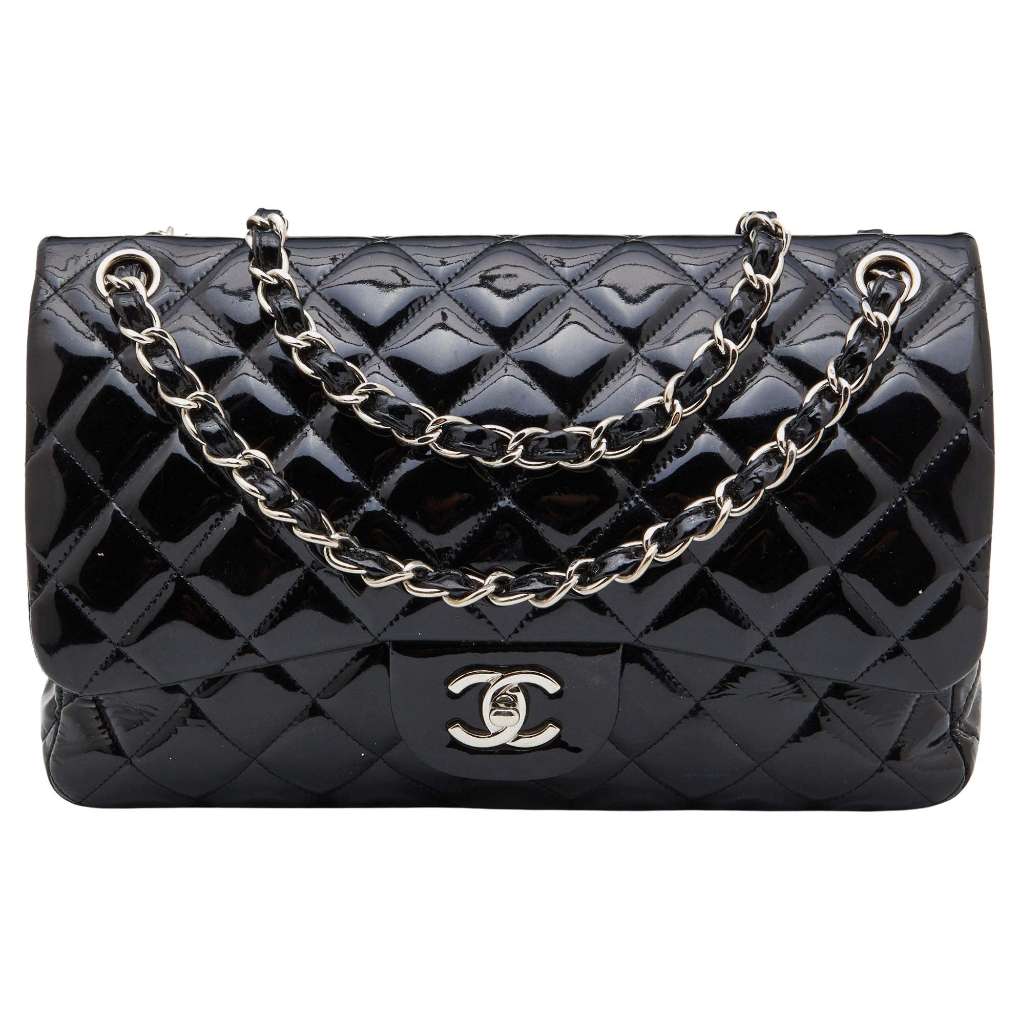 Chanel Black Quilted Patent Leather Jumbo Classic Double Flap Bag For ...