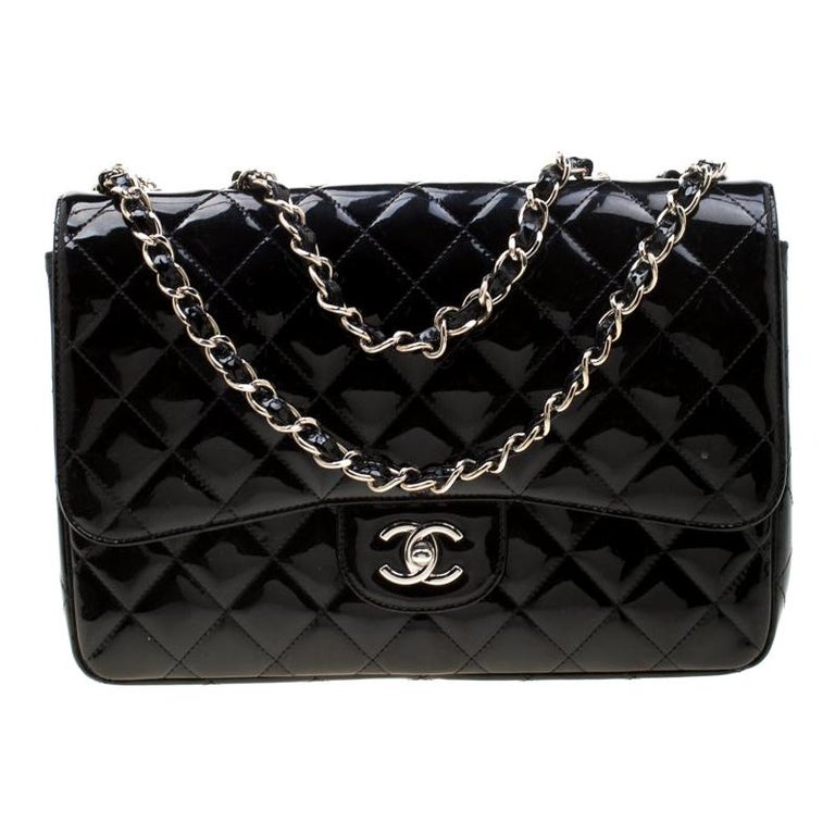 Chanel Black Quilted Patent Leather Jumbo Classic Single Flap Bag For ...