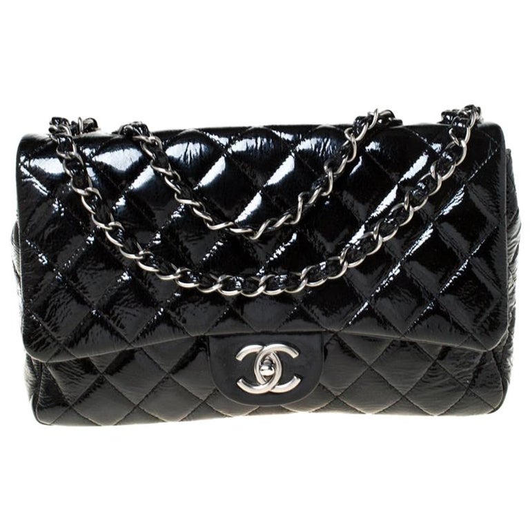 Chanel Black Quilted Patent Leather Jumbo Classic Single Flap Bag For