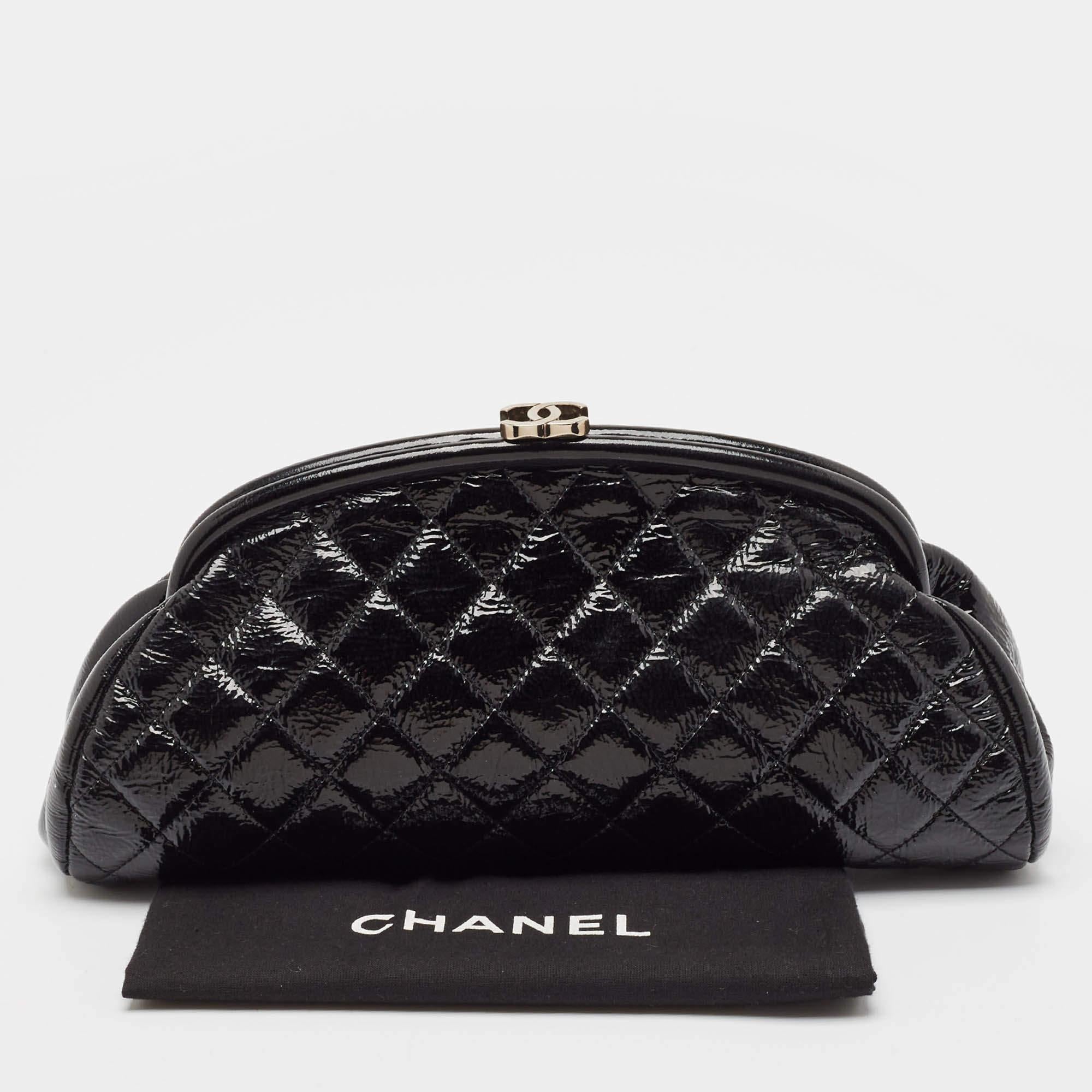 Chanel Black Quilted Patent Leather Kiss Lock Clutch 2