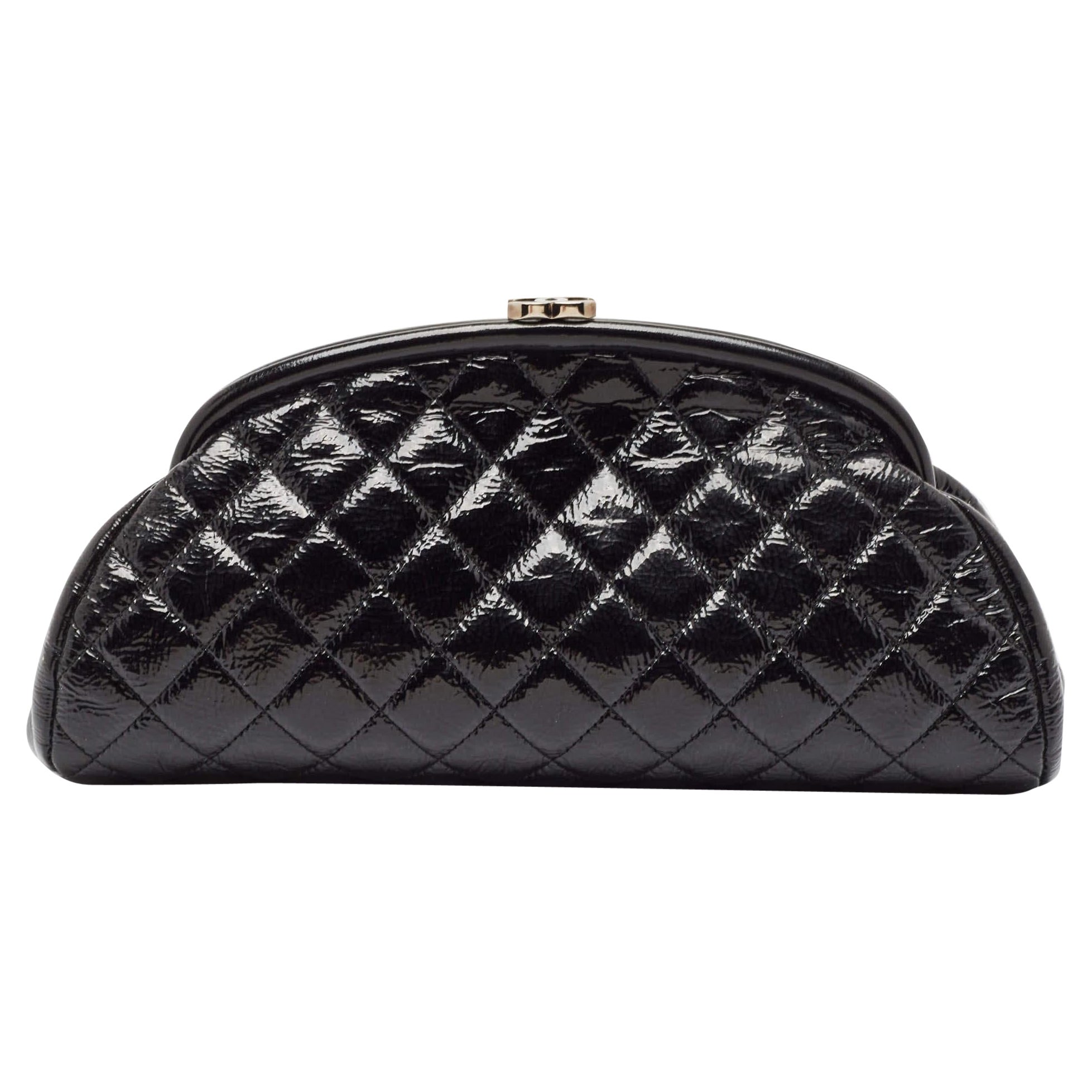 Chanel Black Quilted Patent Leather Kiss Lock Clutch