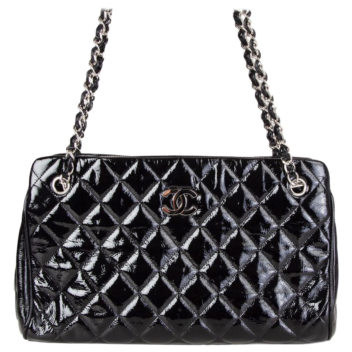 CHANEL black quilted patent leather CC ANGLE TOTE Shoulder Bag at