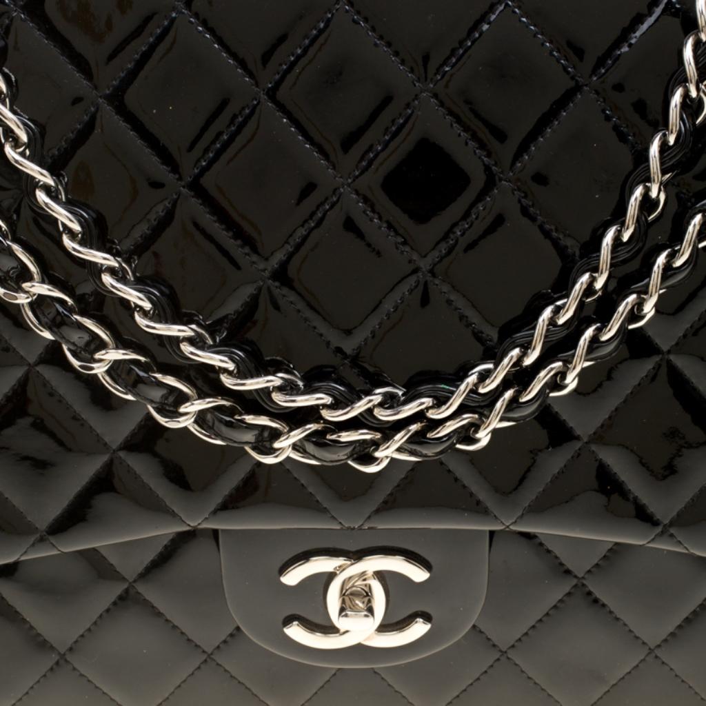 Chanel Black Quilted Patent Leather Maxi Classic Double Flap Bag 6