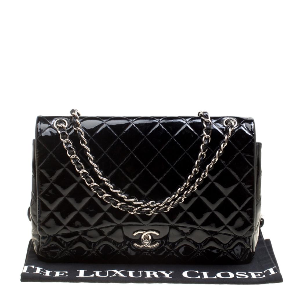 Chanel Black Quilted Patent Leather Maxi Classic Double Flap Bag 7