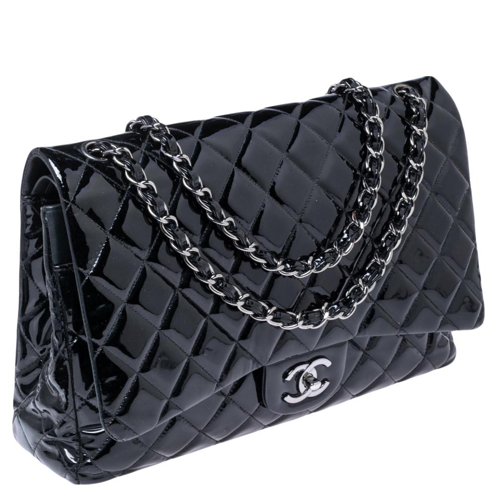 Chanel Black Quilted Patent Leather Maxi Classic Double Flap Bag 3