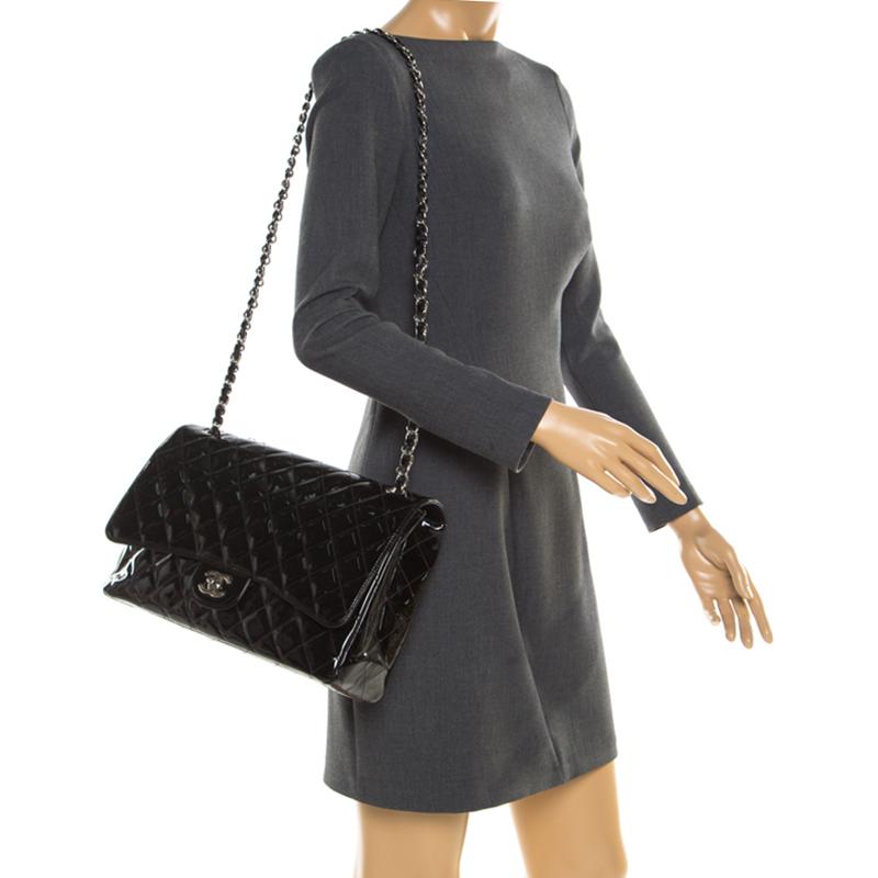 Chanel Black Quilted Patent Leather Maxi Classic Single Flap Bag For ...