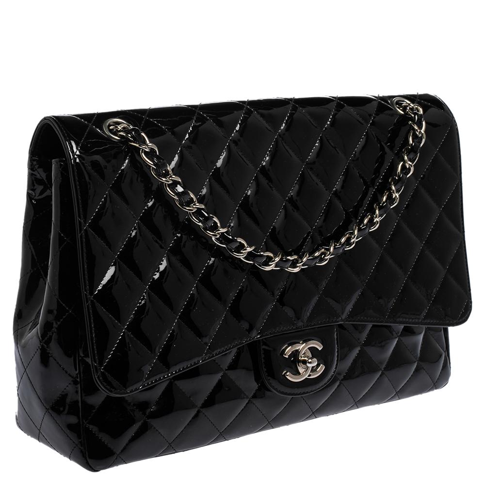 Chanel Black Quilted Patent Leather Maxi Classic Single Flap Bag In Fair Condition In Dubai, Al Qouz 2