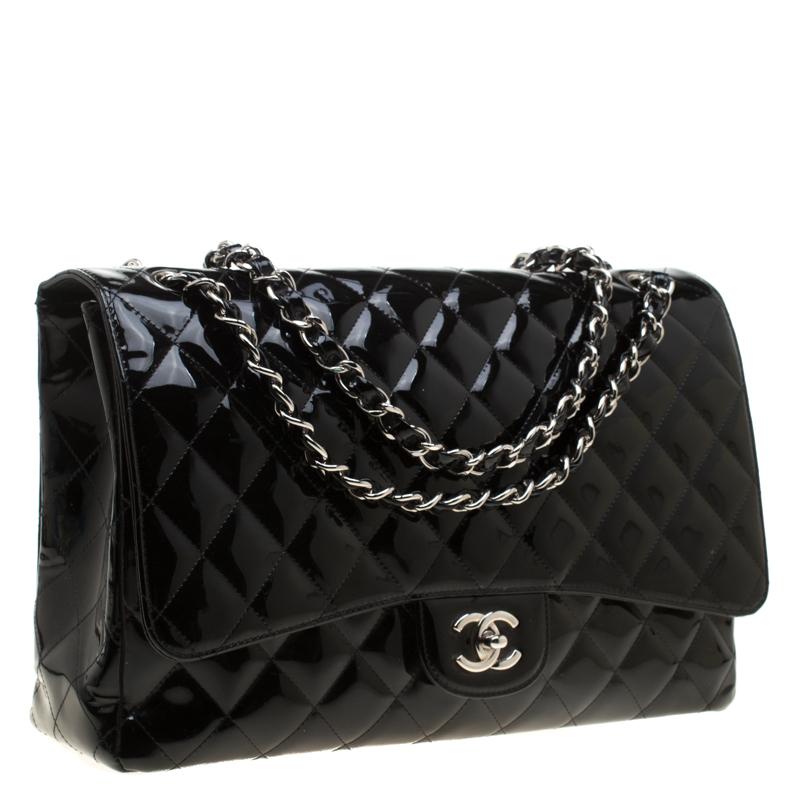 Chanel Black Quilted Patent Leather Maxi Classic Single Flap Bag For ...