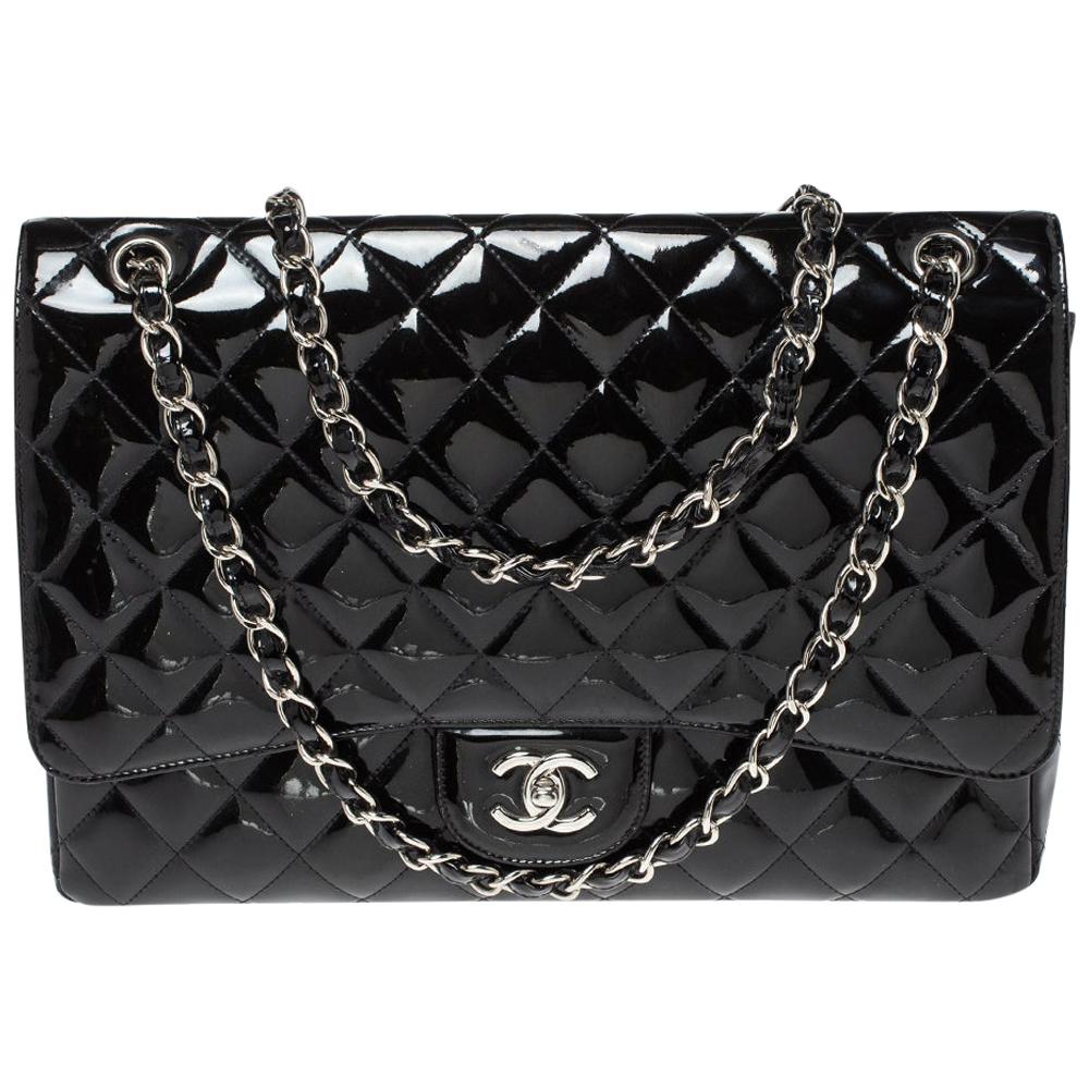 Chanel Black Quilted Patent Leather Maxi Classic Single Flap Bag