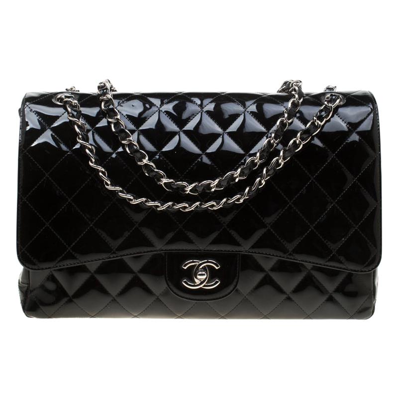 Chanel Black Quilted Patent Leather Maxi Classic Single Flap Bag For ...