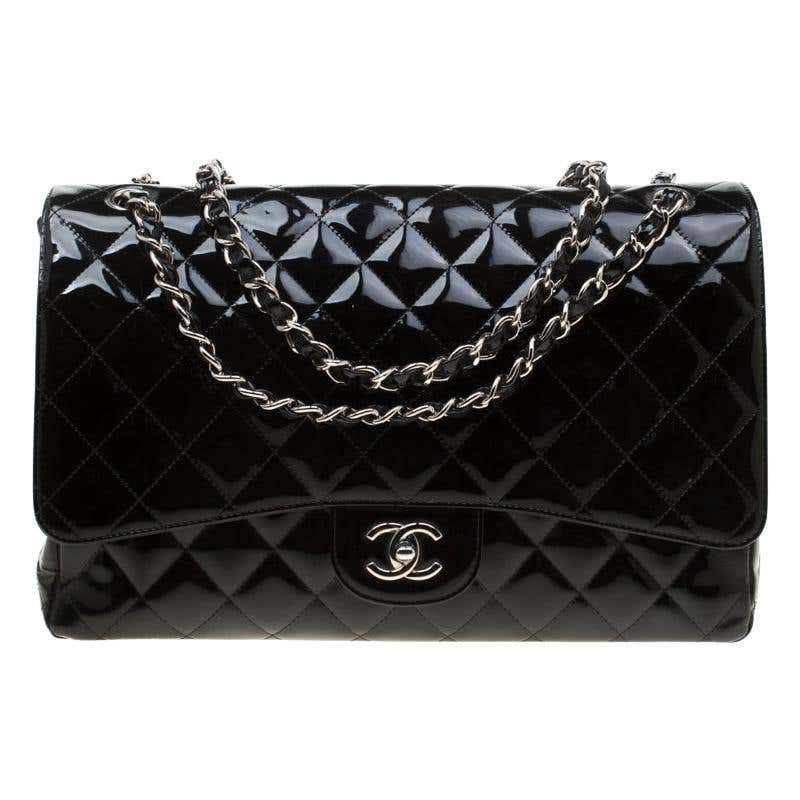 Chanel Black Quilted Patent Leather Maxi Classic Single Flap Bag For ...