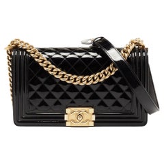 Chanel Black Quilted Patent Leather Medium Boy Flap Bag