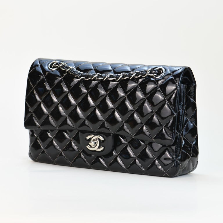 Chanel Black Quilted Patent Leather Medium Classic Double Flap Bag at  1stDibs