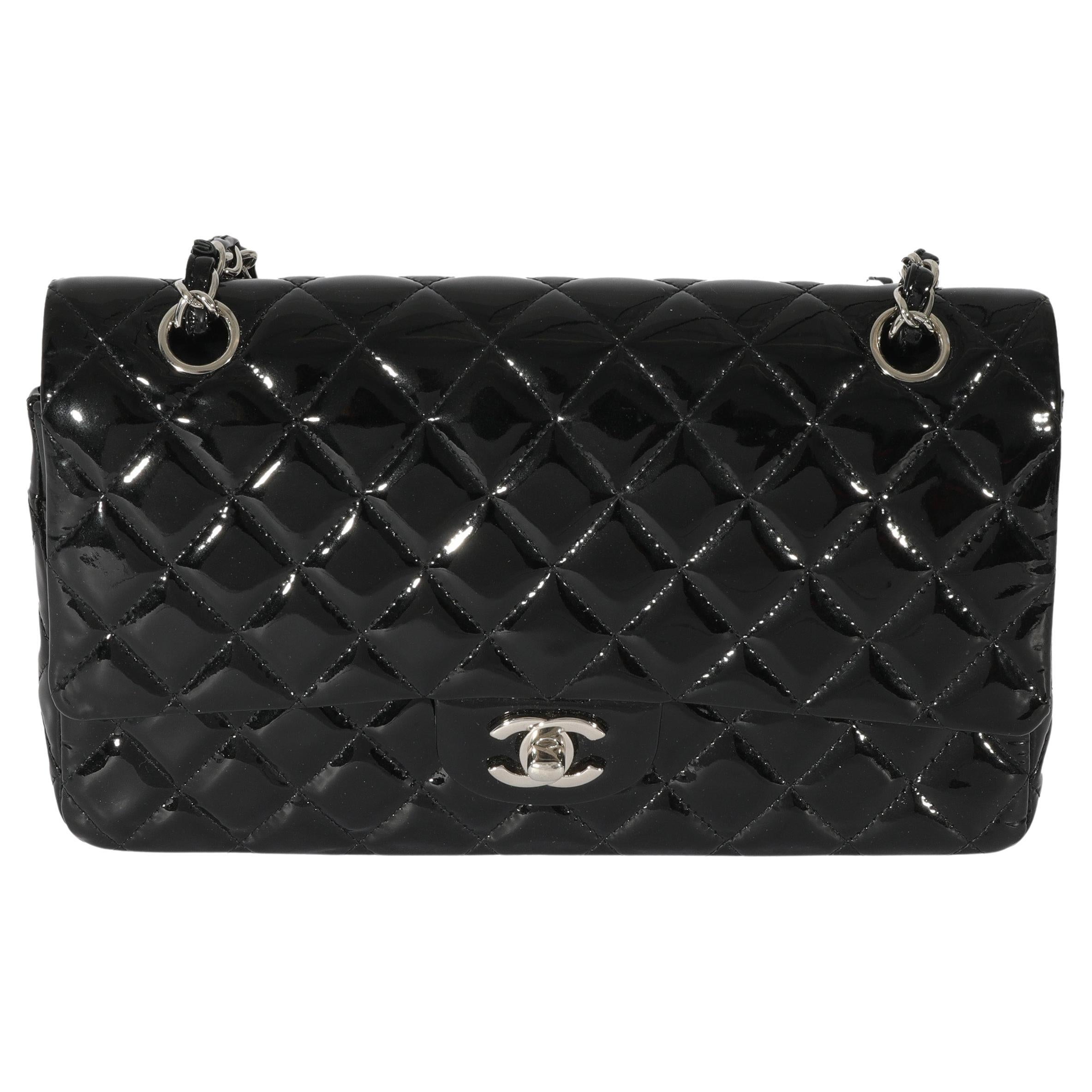 Chanel Black Quilted Patent Leather Medium Classic Double Flap Bag For Sale