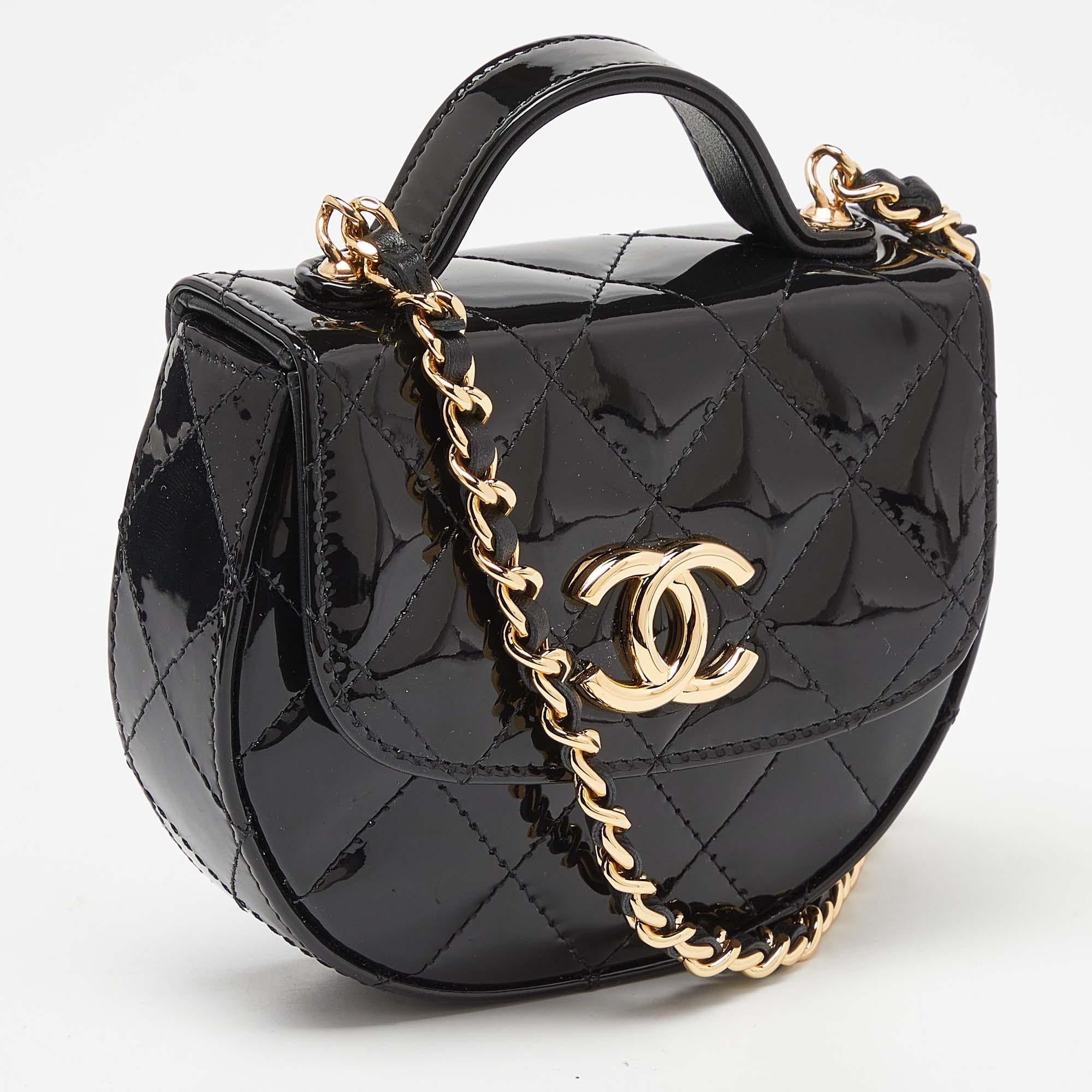 Chanel Black Quilted Patent Leather Mini Top Handle Flap Crossbody Bag For Sale 7