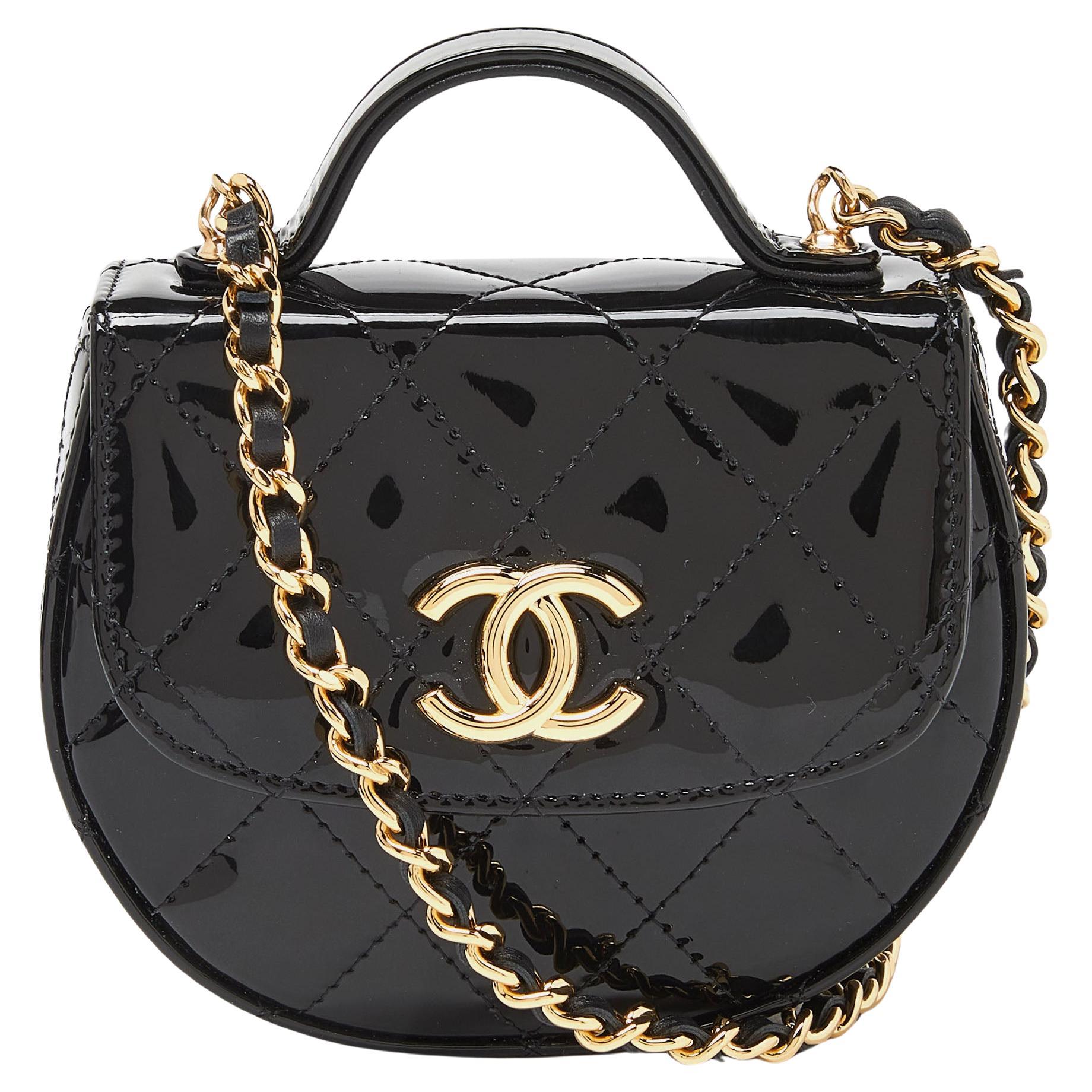 Chanel Black Quilted Patent Leather Mini Top Handle Flap Crossbody Bag For Sale