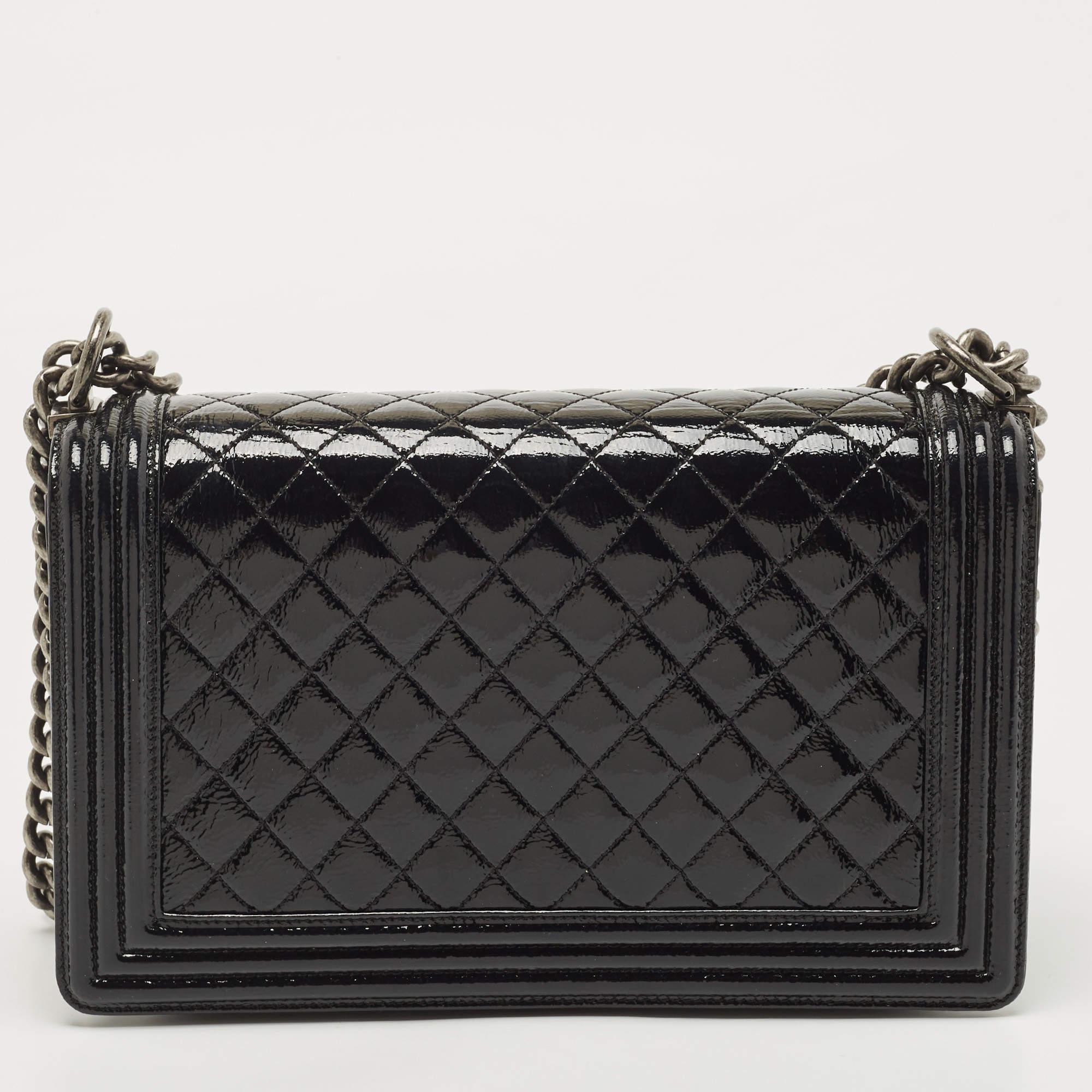 Chanel Black Quilted Patent Leather New Medium Boy Flap Bag 5