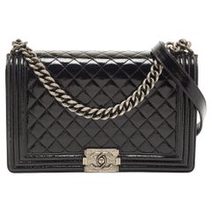Chanel Black Quilted Patent Leather New Medium Boy Flap Bag