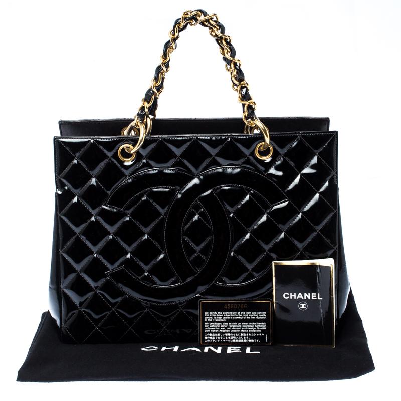 Chanel Black Quilted Patent Leather Petite Shopping Tote 7