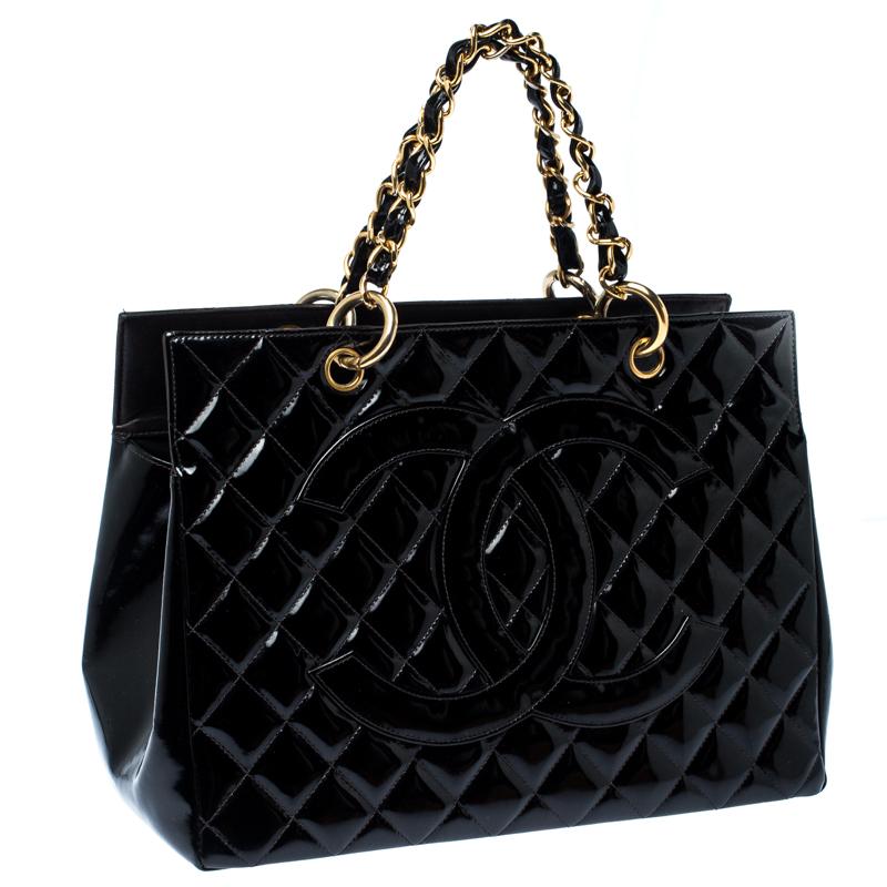 Women's Chanel Black Quilted Patent Leather Petite Shopping Tote